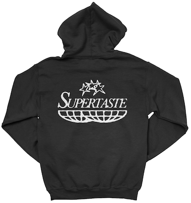 Black hoodie with 'Supertaste' logo on the back against a white background